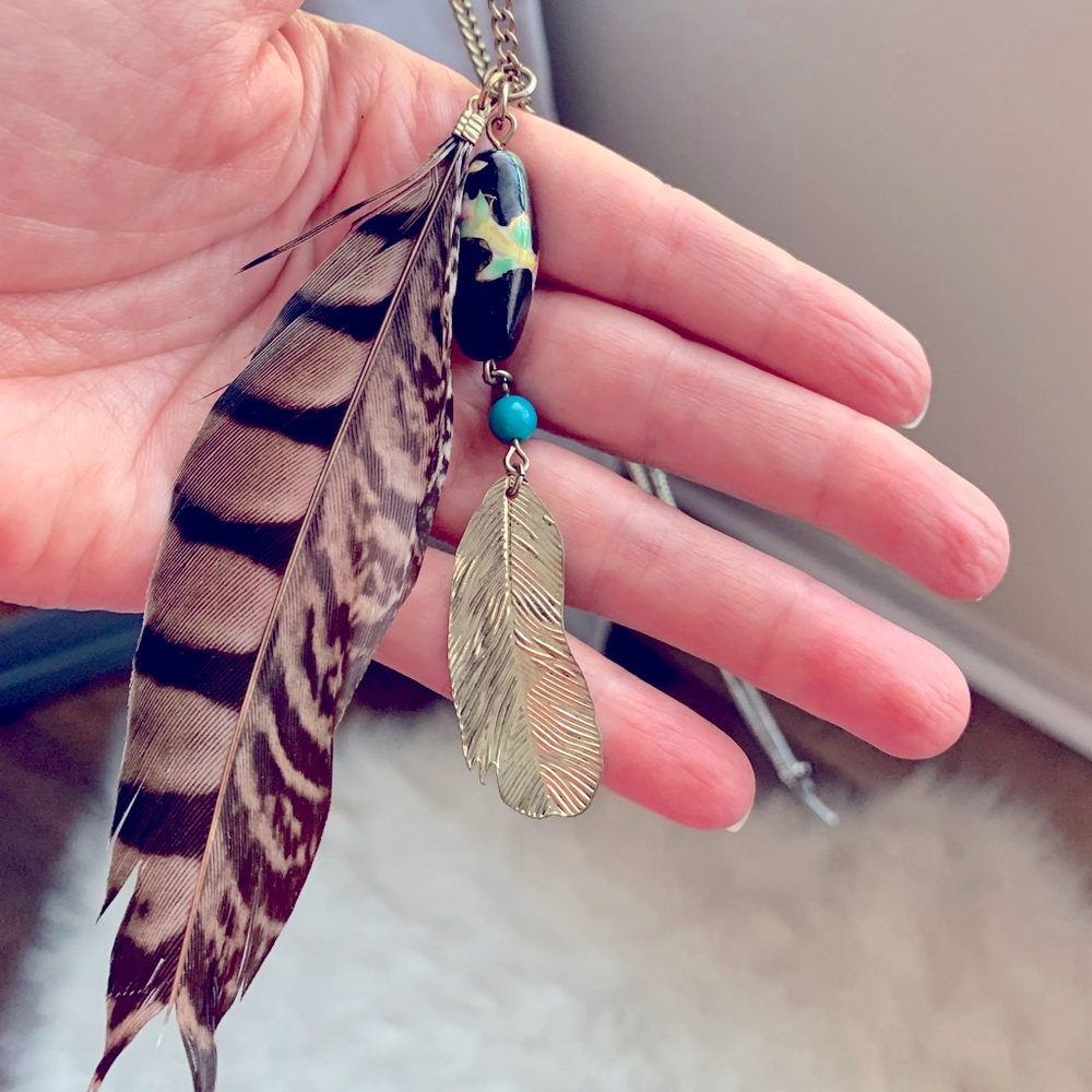 Feather and Bead Necklace - Gold, Brown, Black, Turquoise